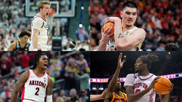 Clockwise from top left: UConn guard Cam Spencer, Purdue center Zach Edey, Houston forward Ja’Vier Francis and Arizona guard Caleb Love